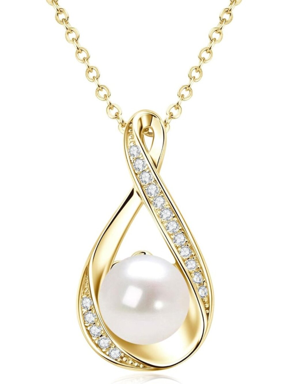 Elegant 14K Gold Plated Infinity Pearl Necklace with Moissanite Accents